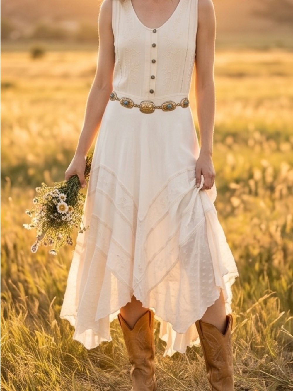 Vintage Country Sleeveless Cream Asymmetrical Midi Dress with Button Front